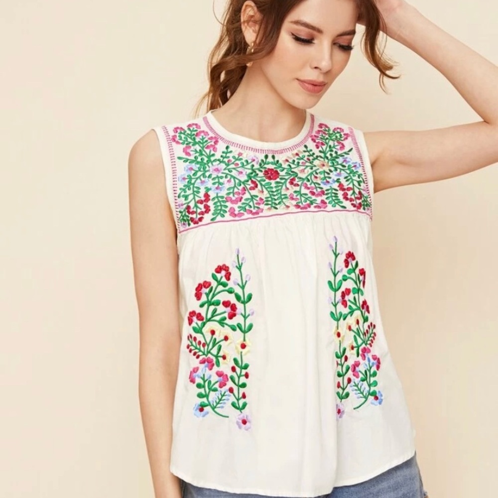 SHEIN 100% Cotton Embroidered Sleeves Top - Picture 10 of 14